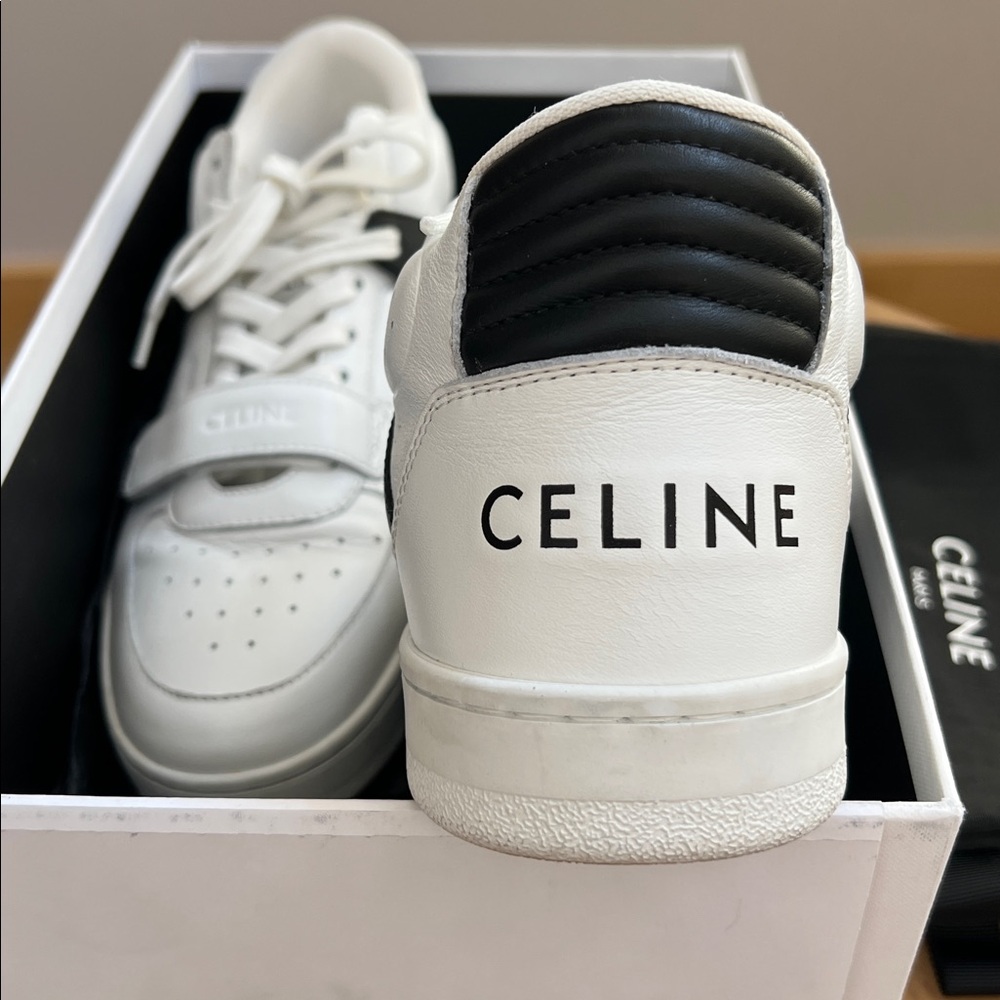Celine CT-02 Trainer Mid Lace-Up Sneaker In White/Black Calfskin sz 40